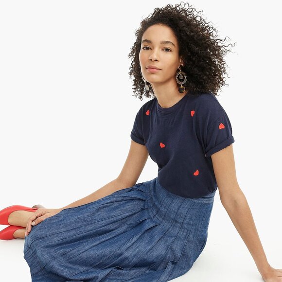 J. Crew Heart to Heart Embroidered Navy T-Shirt Size XL - Picture 1 of 6